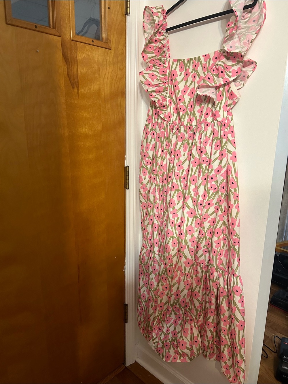 Sleeveless Pink Floral Ruffle Strap Casual Midi Dress